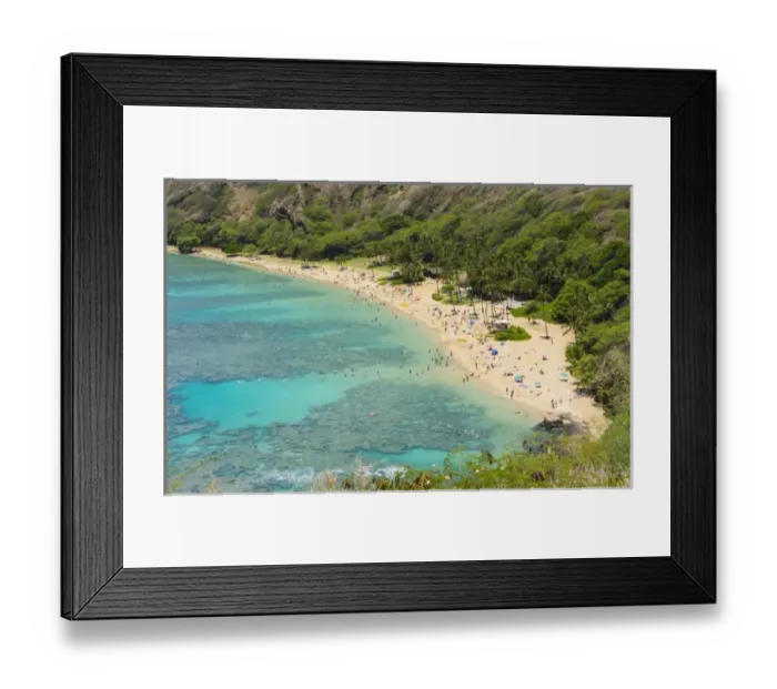 Framed Print : Honolulu Hawaii Oahu famous reef at Hanauma Bay coral from above snorkelers beach