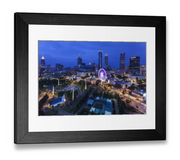 Framed Print : USA, Georgia, Atlanta, Centenial Olympic Park, elevated city view with ferris wheel, dusk Framed Print : USA, Georgia, Atlanta, Centenial Olympic Park, elevated city view with ferris wheel, dusk