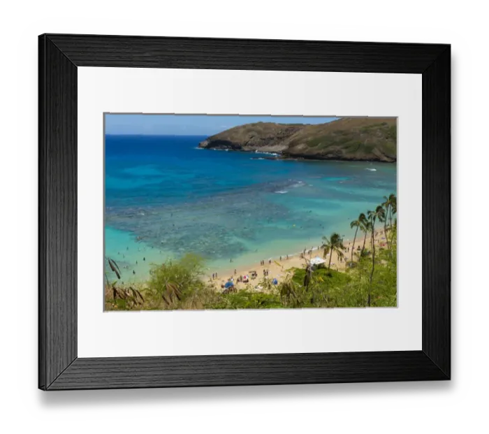 Framed Print : Honolulu Hawaii Oahu famous reef at Hanauma Bay coral from above snorkelers beach