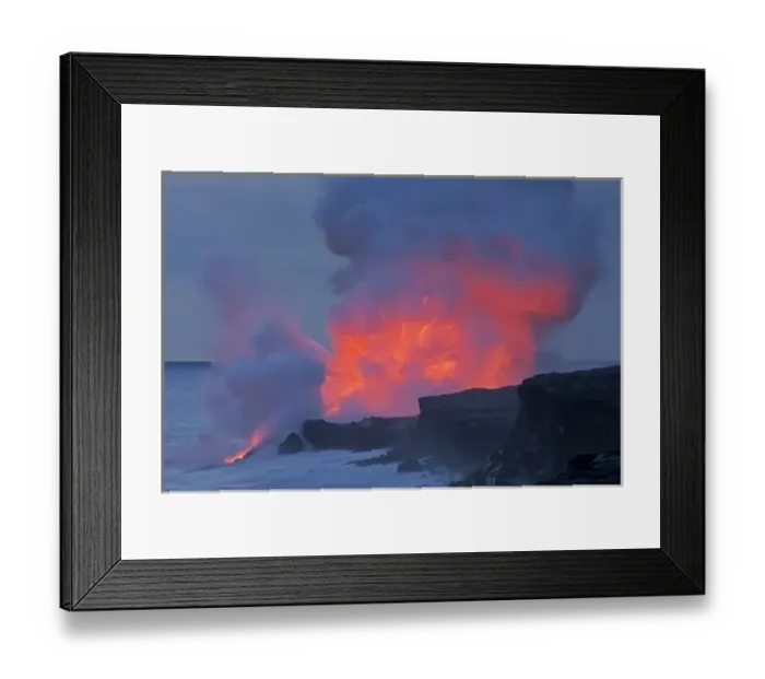 Framed Print : USA, Hawaii, Hawaii Volcanoes National Park. Lava explodes as it runs into ocean Framed Print : USA, Hawaii, Hawaii Volcanoes National Park. Lava explodes as it runs into ocean