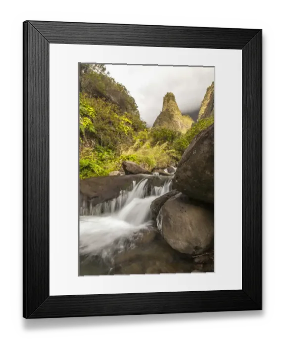 Framed Print : USA, Hawaii, Maui, West Maui Mountains. Scenic of landmark Iao Needle and cascade in stream