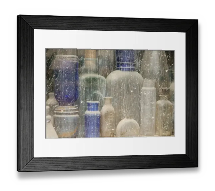Framed Print : USA, Idaho, Idaho City. Close-up of dusty bottles in window