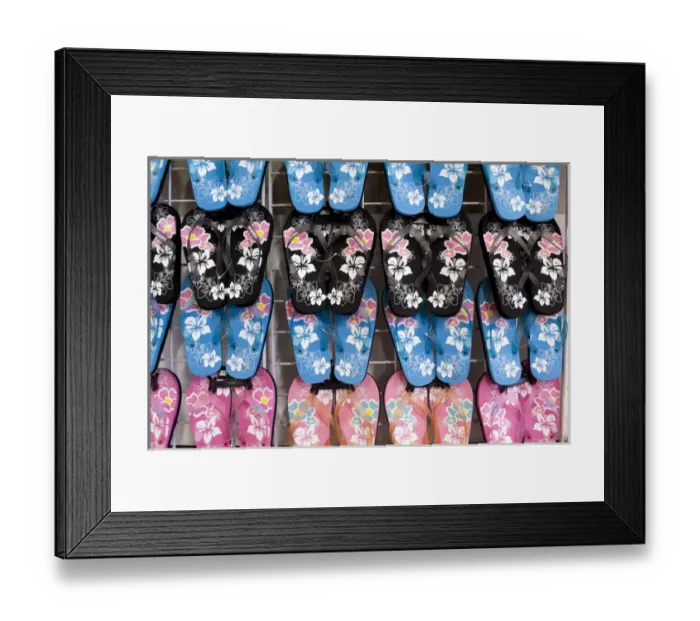 Framed Print : Hawaiian fli flop display at market place