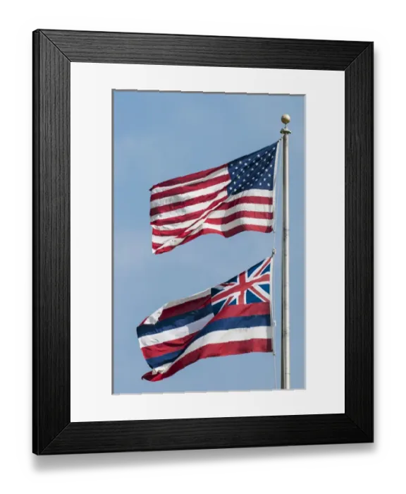 Framed Print : American and Hawaiian State flags, Oahu, Hawaii