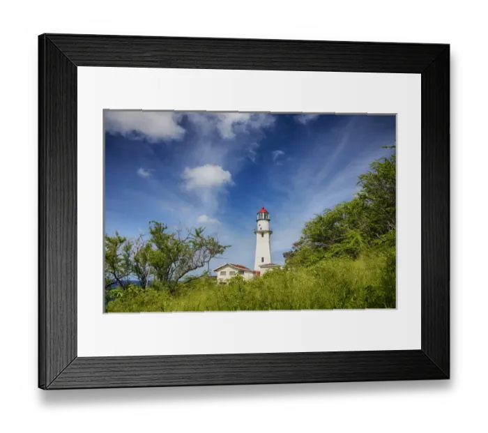 Framed Print : USA; Hawaii; Oahu; Morning light on Diamond Head Lighthouse with Puffy Clouds Framed Print : USA; Hawaii; Oahu; Morning light on Diamond Head Lighthouse with Puffy Clouds