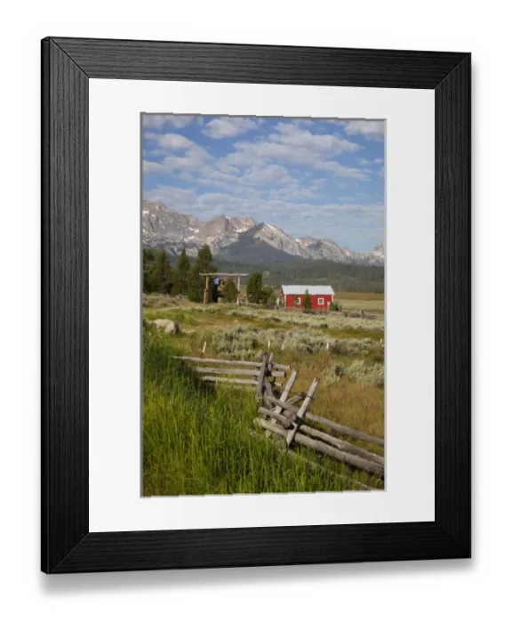 Framed Print : ID, Sawtooth National Recreation Area, Stanley, Red barn and Sawtooth Mountains