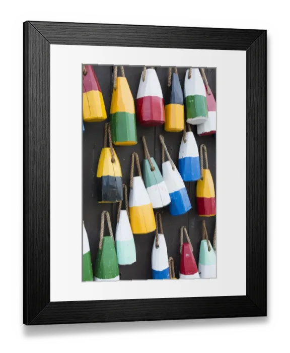 Framed Print : Bar Harbor Maine colorful buoys on wall for sale and state specialty souvenirs for