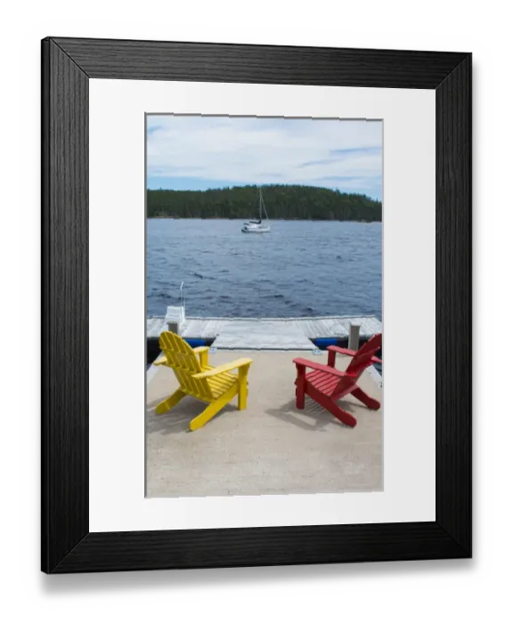 Framed Print : Bar Harbor Maine Life in Maine peaceful scene on water with Adirondack chairs to relax