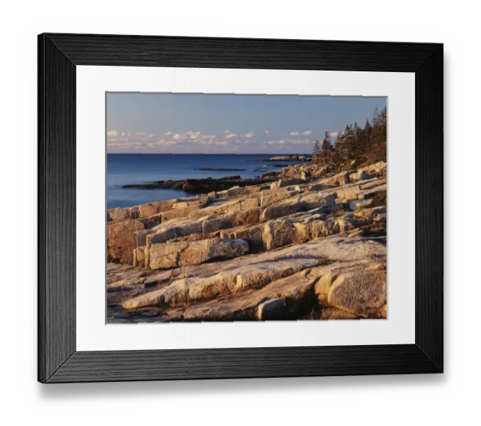 Framed Print : USA, Maine, Acadia National Park, Mt Desert Island, View of rocks with forest Framed Print : USA, Maine, Acadia National Park, Mt Desert Island, View of rocks with forest