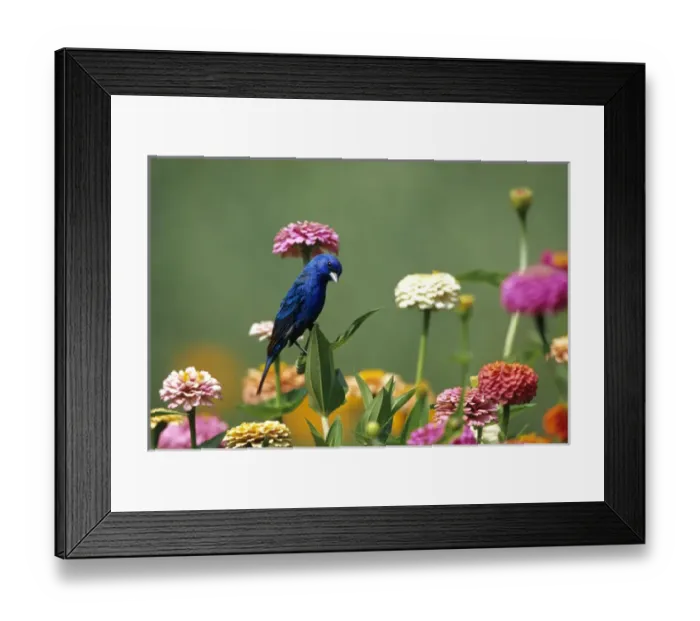 Framed Print : Indigo Bunting (Passerina cyanea) male on Zinnias in garden Marion Co. IL Framed Print : Indigo Bunting (Passerina cyanea) male on Zinnias in garden Marion Co. IL