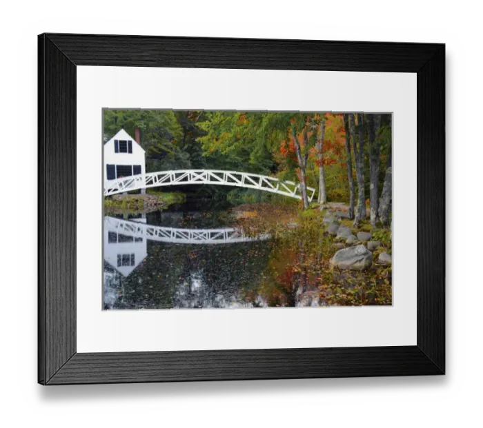 Framed Print : white footbridge, autumn, Mount Desert Historical Society, Somesville, Maine, USA Framed Print : white footbridge, autumn, Mount Desert Historical Society, Somesville, Maine, USA