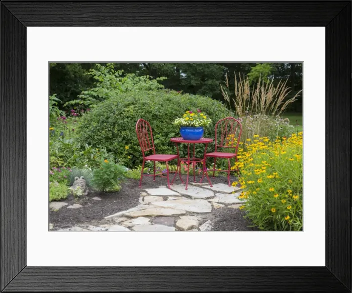Framed Print : Red table & chairs with blue pot in flower garden. Marion Co. IL (PR)