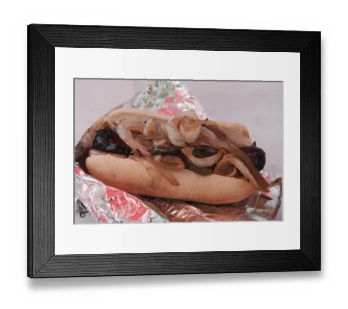 Framed Print : USA, Indiana, Indianapolis. Close-up of Polish sausage and onions at the Indiana State Fair