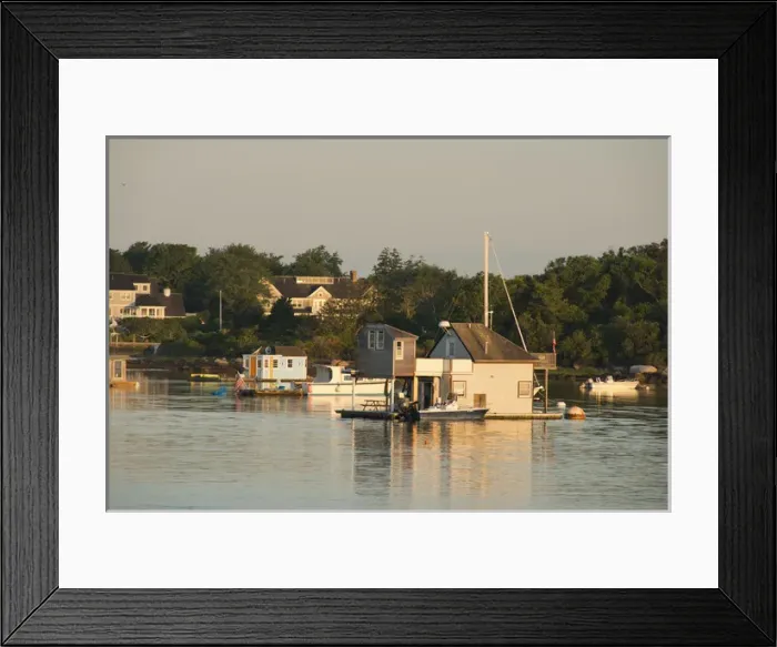 Framed Print : Massachusetts, Woods-Hole. Idyllic Woods-Hole harbor and houseboat Framed Print : Massachusetts, Woods-Hole. Idyllic Woods-Hole harbor and houseboat