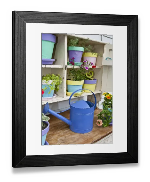 Framed Print : Potting bench with containers and flowers in spring, Marion Co. IL Framed Print : Potting bench with containers and flowers in spring, Marion Co. IL