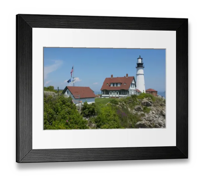 Framed Print : Portland Maine lighthouse famous Portland Head Light white with house on cliff