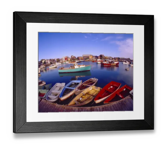 Framed Print : USA, Maine, Rockport. View of town buildings and colorful boats in bay. Credit as