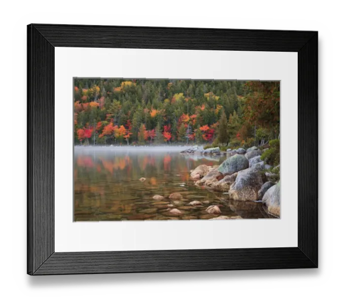Framed Print : USA; North America, Maine; Acadia National Park; Fall reflections with fog at Jordon pond