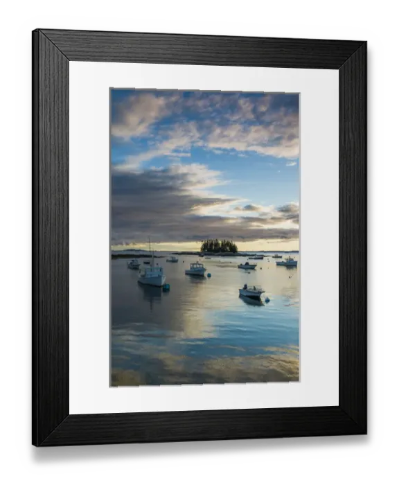 Framed Print : USA, Maine, Newagen, sunset harbor view by The Cuckolds islands
