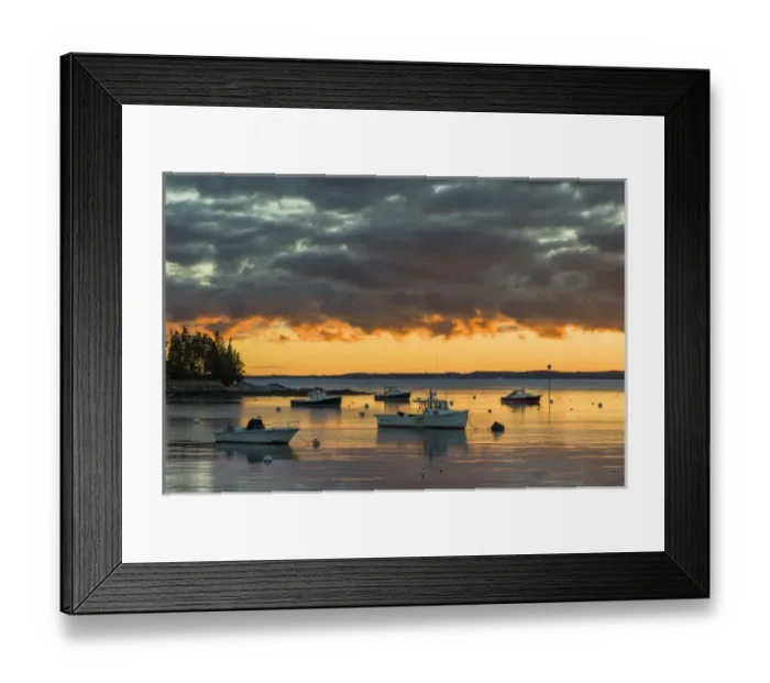Framed Print : USA, Maine, Newagen, sunset harbor view by The Cuckolds islands Framed Print : USA, Maine, Newagen, sunset harbor view by The Cuckolds islands