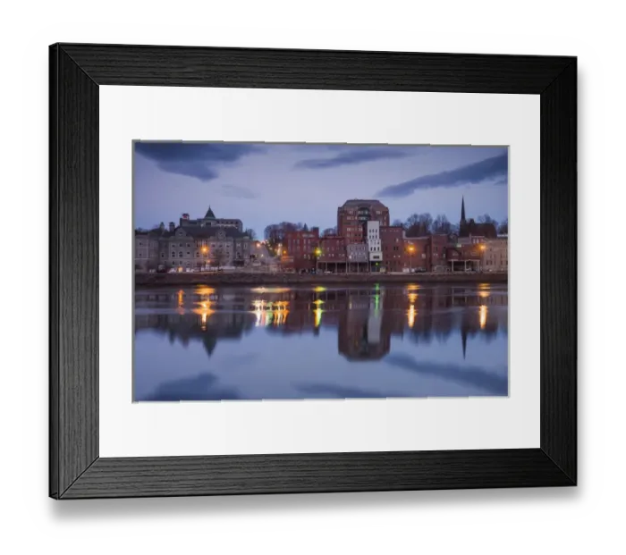 Framed Print : USA, Maine, Augusta, town view along Kennebec River, dawn Framed Print : USA, Maine, Augusta, town view along Kennebec River, dawn
