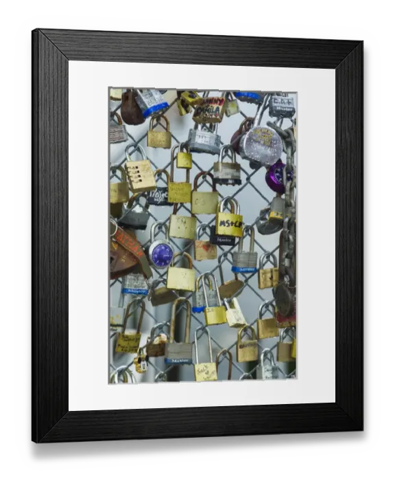 Framed Print : USA, Maine, Portland, Portland waterfront, love locks on fence Framed Print : USA, Maine, Portland, Portland waterfront, love locks on fence