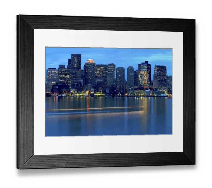 Framed Print : USA, Massachusetts, Boston. Boat leaves light trail on Boston Harbor at sunset. Credit as
