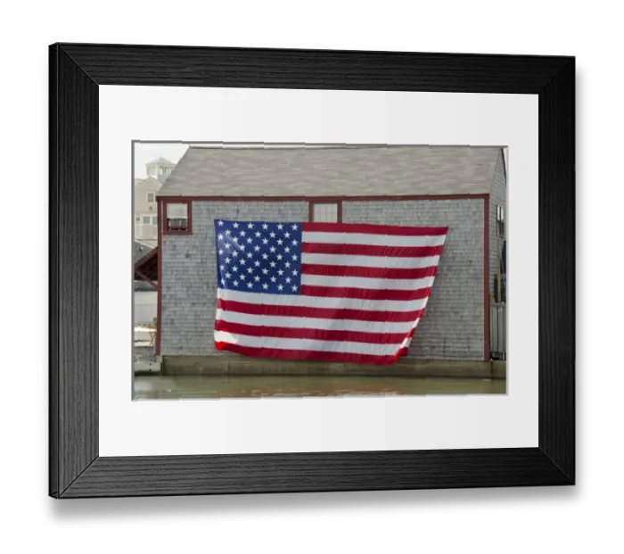 Framed Print : Massachusetts, New England, Nantucket. Large flag on the side of boathouse