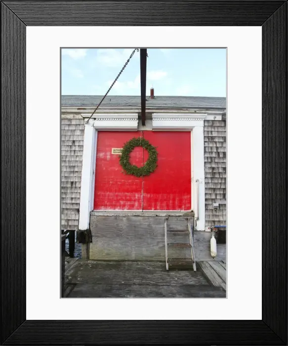 Framed Print : A large wreath adorns red doors on a building at Barnstable Harbor, Barnstable, Cape Cod Framed Print : A large wreath adorns red doors on a building at Barnstable Harbor, Barnstable, Cape Cod