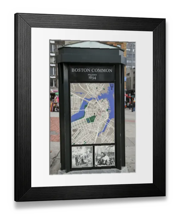 Framed Print : Map and historical drawings on a kiosk at Boston Common, Boston, Massachusetts, USA Framed Print : Map and historical drawings on a kiosk at Boston Common, Boston, Massachusetts, USA