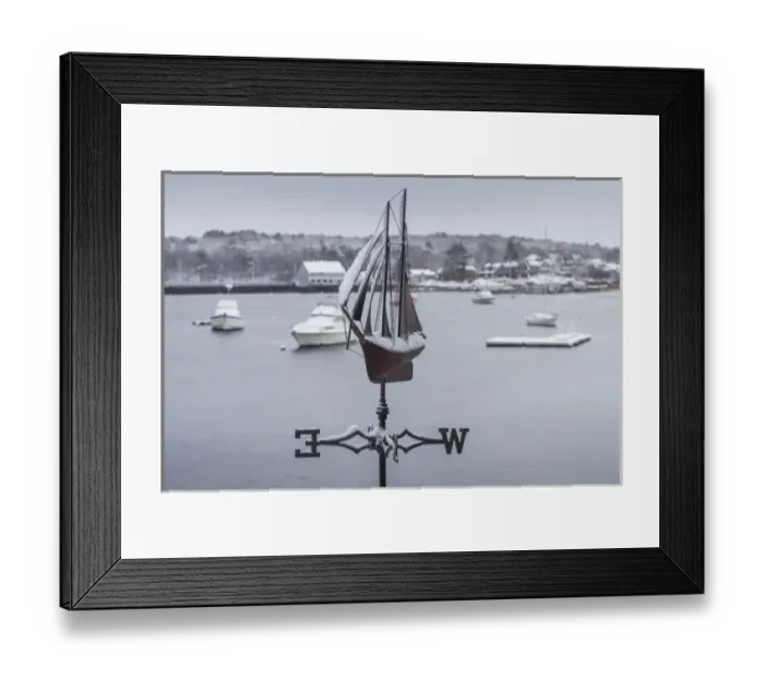 Framed Print : USA, Massachusetts, Cape Ann, Gloucester, early snow fall and weather vane