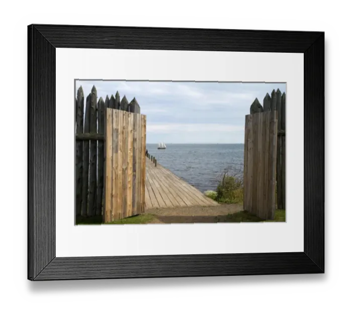 Framed Print : Grand Portage footpath with a replica sailing canoe in the distance at the Grand Framed Print : Grand Portage footpath with a replica sailing canoe in the distance at the Grand