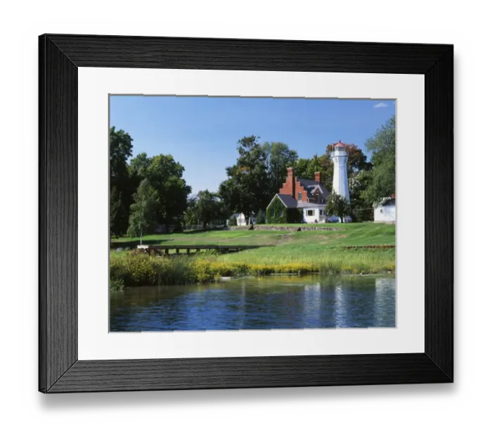 Framed Print : USA, Michigan, View of Lake Huron and Port Sanilac Lighthouse