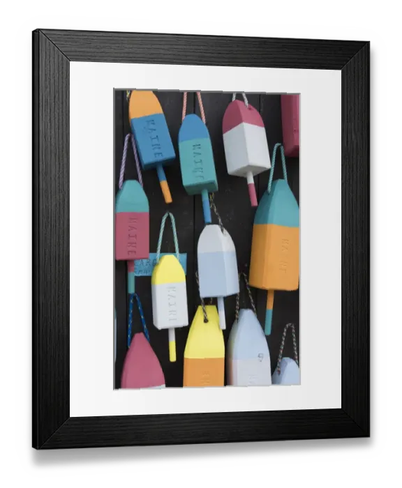 Framed Print : Bar Harbor Maine colorful buoys on wall for sale and state specialty souvenirs for