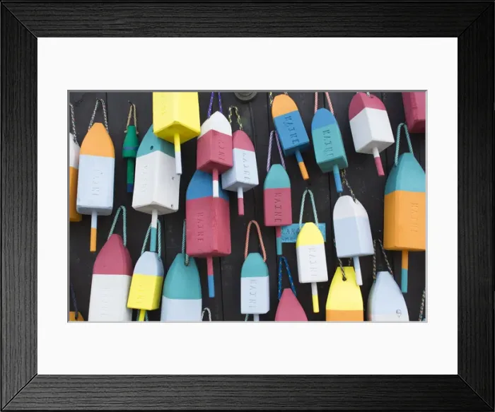 Framed Print : Bar Harbor Maine colorful buoys on wall for sale and state specialty souvenirs for Framed Print : Bar Harbor Maine colorful buoys on wall for sale and state specialty souvenirs for