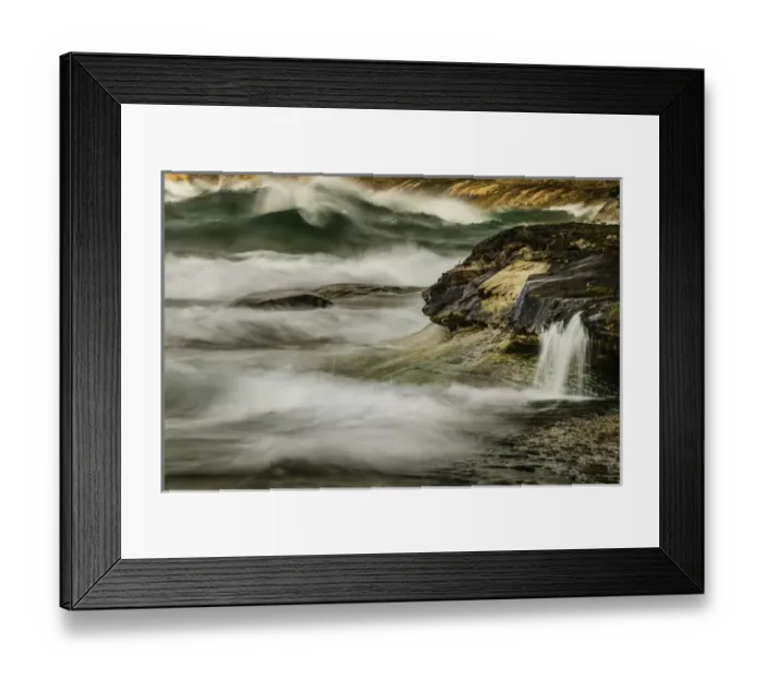 Framed Print : Waves and small waterfall at Miners Beach, Lake Superior, Pictured Rocks National Lakeshore Framed Print : Waves and small waterfall at Miners Beach, Lake Superior, Pictured Rocks National Lakeshore