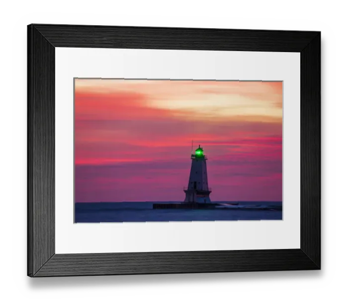 Framed Print : Ludington North Pierhead Lighthouse at sunset on Lake Michigan, Mason County, Ludington