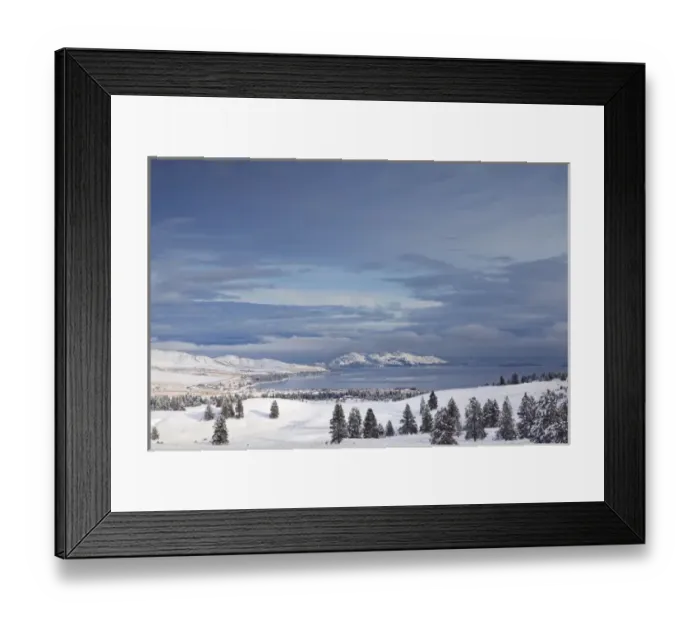 Framed Print : Looking down onto Flathead Lake after fresh snowfall in Elmo, Montana, USA Framed Print : Looking down onto Flathead Lake after fresh snowfall in Elmo, Montana, USA