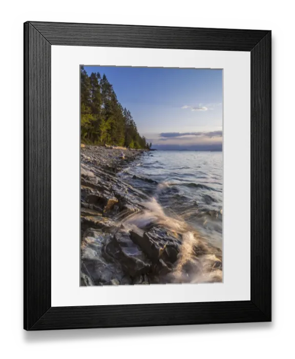 Framed Print : Shoreline of Flathead Lake receives sunrise light at West Shore State Park near Lakeside