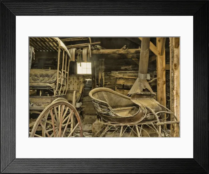 Framed Print : USA, Montana, Virginia City. Antique sleigh and buggy