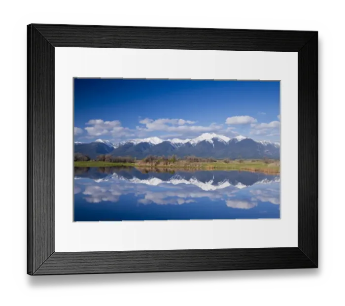 Framed Print : Wetlands pond reflects Mission Mountain Range at Ninepipe WMA near Ronan, Montana, USA Framed Print : Wetlands pond reflects Mission Mountain Range at Ninepipe WMA near Ronan, Montana, USA