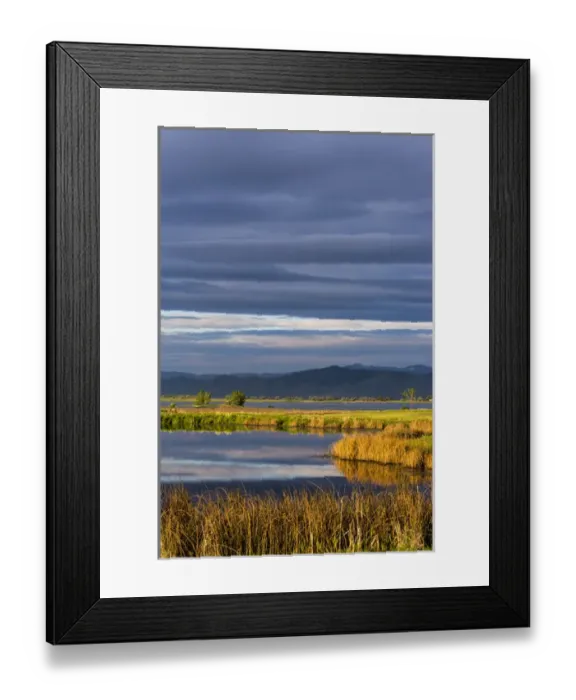 Framed Print : Small pond reflects the clouds at sunrise in the Ninepipe WMA in the Mission Valley