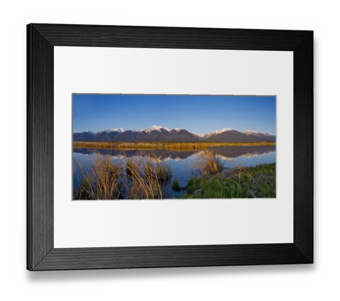 Framed Print : Panoramic of wetlands pond reflecting the Mission Mountain Range at Ninepipe WMA near Ronan Framed Print : Panoramic of wetlands pond reflecting the Mission Mountain Range at Ninepipe WMA near Ronan