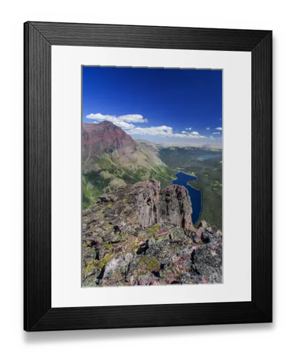 Framed Print : Looking down onto Two Medicine Lake from the Diving Board on Sinopah Mountain in Framed Print : Looking down onto Two Medicine Lake from the Diving Board on Sinopah Mountain in