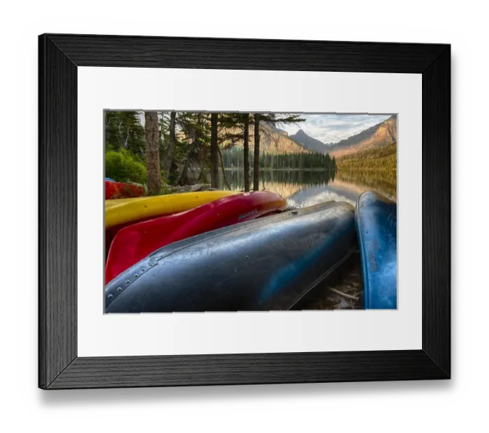 Framed Print : USA, Montana, Glacier National Park. Two Medicine Lake with canoes in foreground