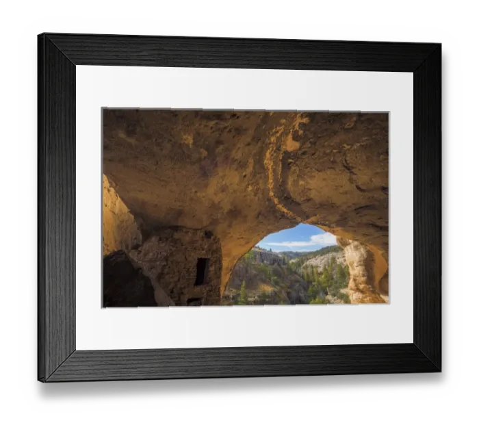 Framed Print : USA, New Mexico, Gila Cliff Dwellings National Monument. View from inside ruins. Credit as Framed Print : USA, New Mexico, Gila Cliff Dwellings National Monument. View from inside ruins. Credit as