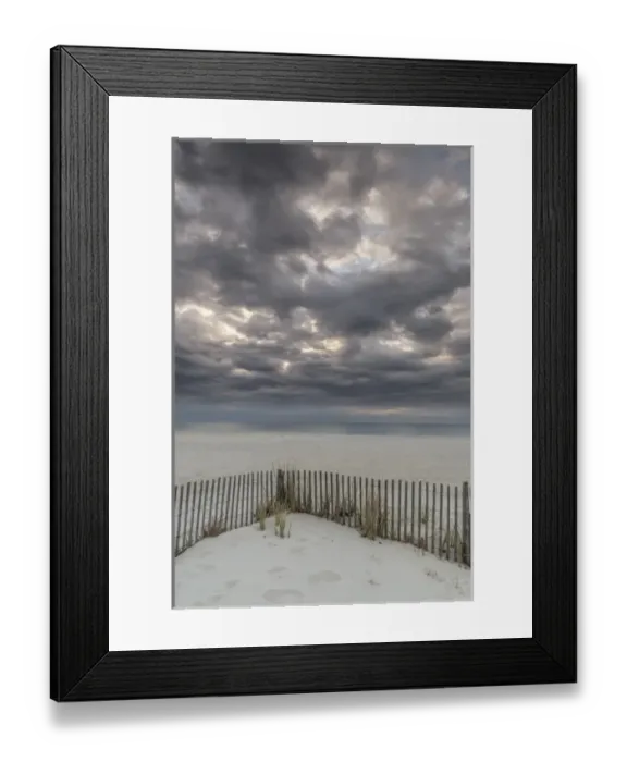 Framed Print : USA, New Jersey, Cape May National Seashore. Beach fence and stormy sunrise. Credit as Framed Print : USA, New Jersey, Cape May National Seashore. Beach fence and stormy sunrise. Credit as