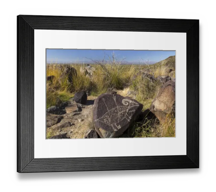 Framed Print : USA, New Mexico, Three Rivers Petroglyph Site. Petroglyph etching on rock. Credit as