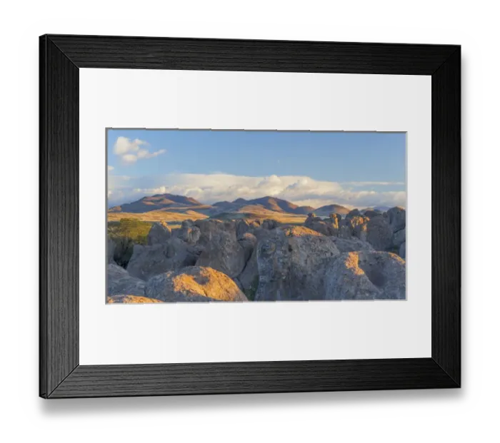 Framed Print : USA, New Mexico, City of Rocks State Park. Landscape of boulders and mountains. Credit as