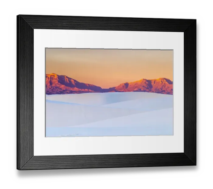 Framed Print : USA, New Mexico, White Sands National Monument. Sunrise on desert sand and mountains Framed Print : USA, New Mexico, White Sands National Monument. Sunrise on desert sand and mountains